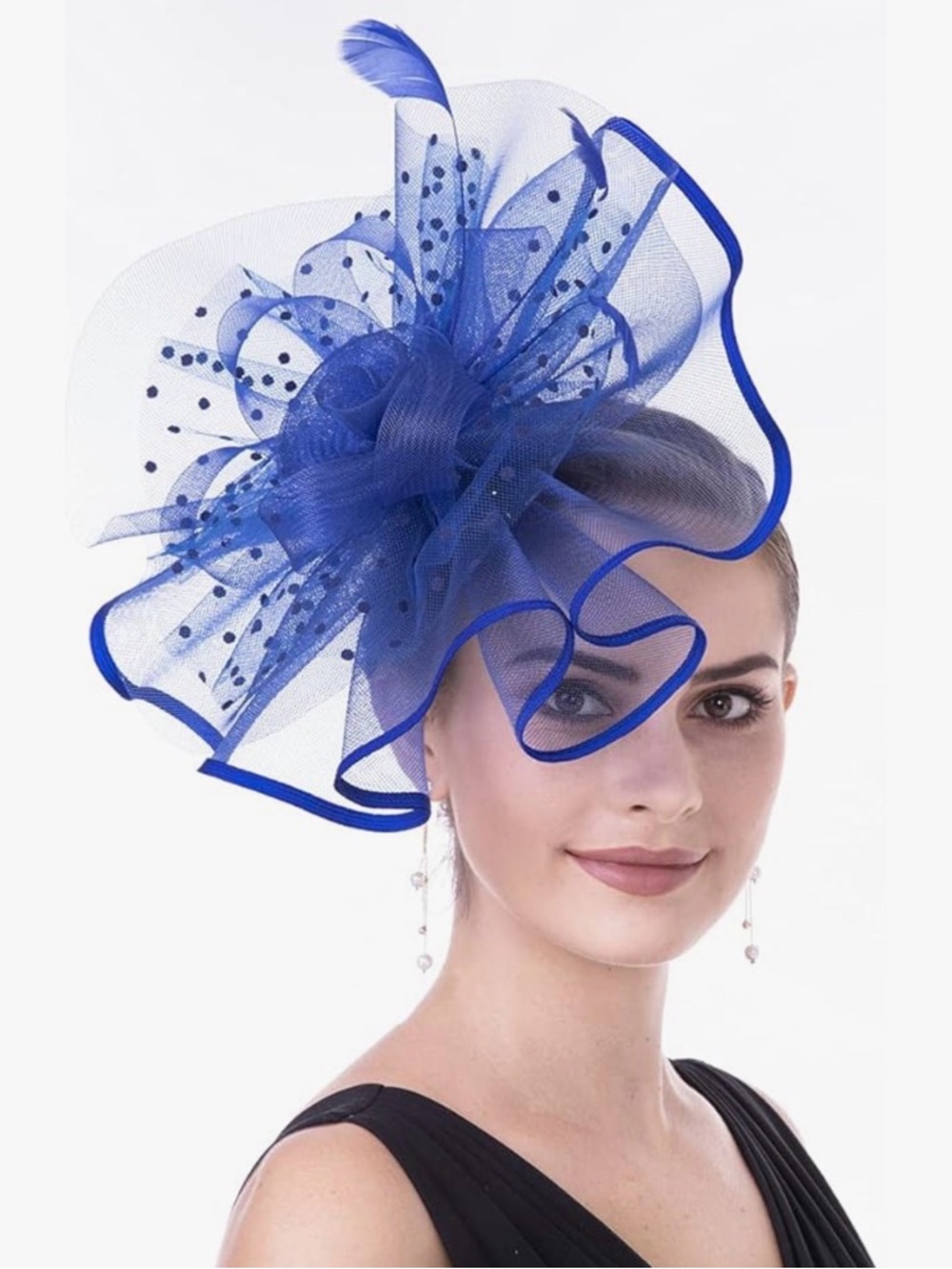 Kentucky Derby hat/fascinator. Blue Mesh with small feathers & Rose design.